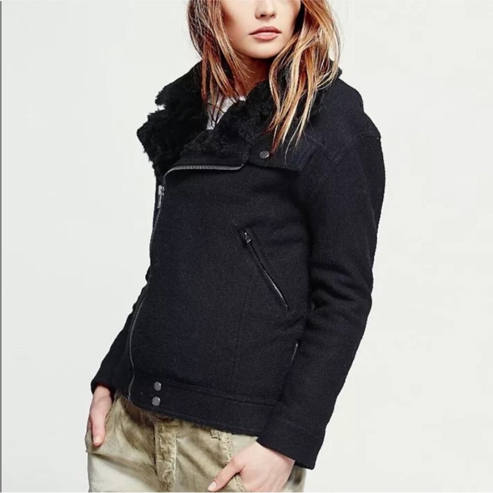 Free People Black Simple Salute Wool Faux Fur Collar Moto Military Jacket S - Picture 3 of 16